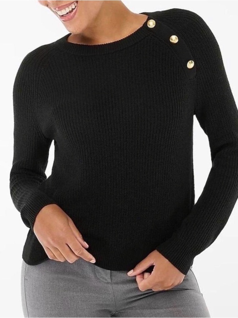Perfect J.Crew Button Raglan Crewneck Sweater in Black gold button detail M